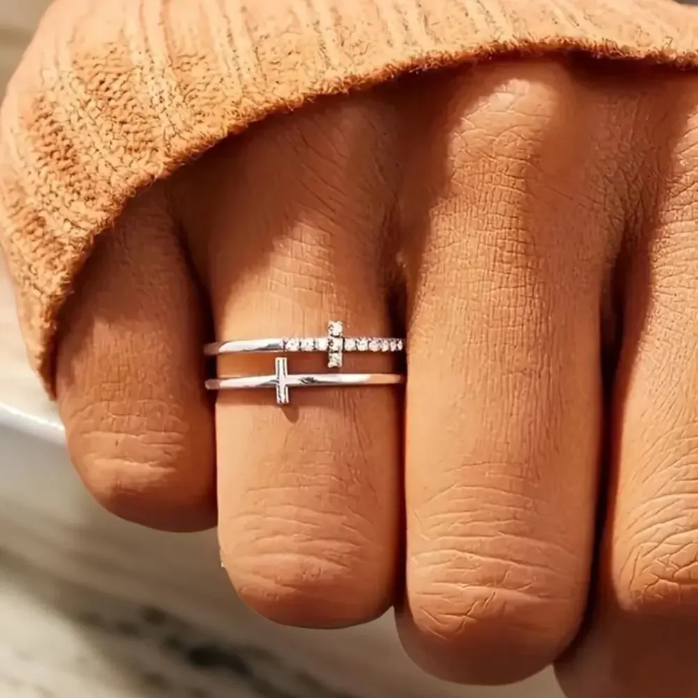 Silver Double Cross Rhinestones Ring Size 6